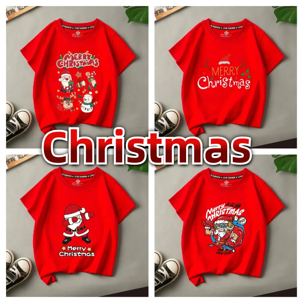 Merry Christmas T-shirt เสื้อยืดคริสต์มาสเด็กแขนสั้นสีเขียวน่ารักเหมาะสําหรับการแสดงวันหยุด 90-150