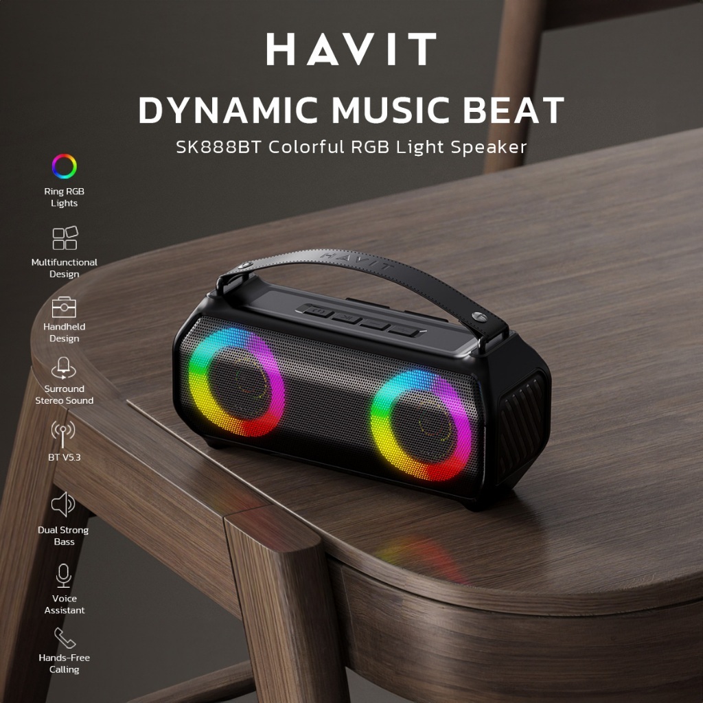HAVIT ลำโพงมินิ SK888BT RGB Light กันน้ำIPX5 รองรับการเชื่อมต่อสองอุปกรณ์