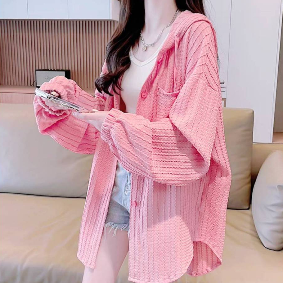 เสื้อคลุมแขนยาวฮู้ด มี 7 สี (ผ้ายืดบางเบา) Oversize กระดุมหน้ากระเป๋าอก สีพื้น ผ้าเปลือกไม้ B04