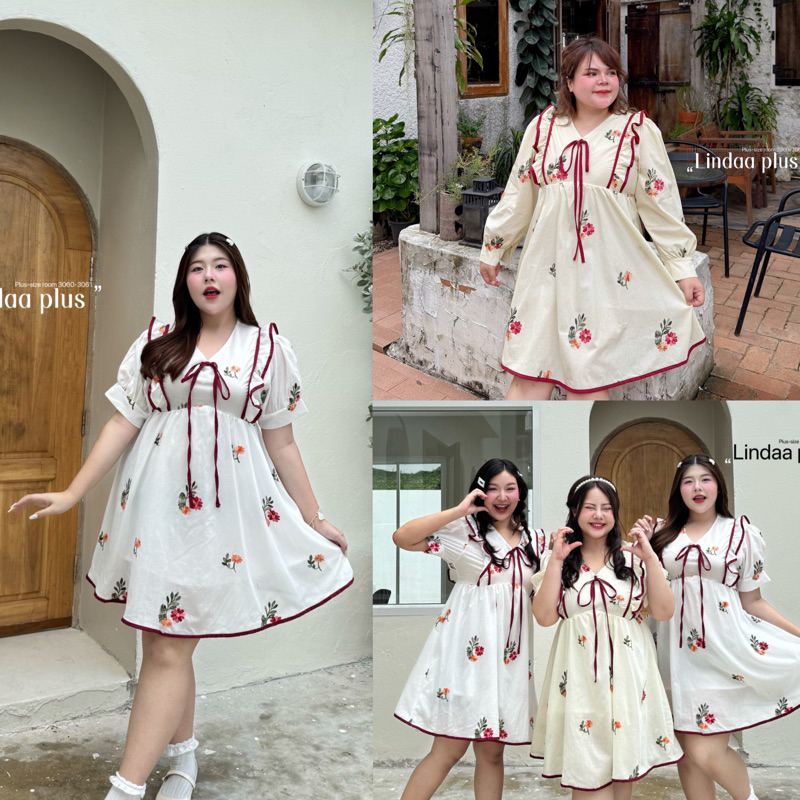 ชุดเดรสคอวีสาวอวบ งานปักลายดอกไม้สุดน่ารัก แต่งกุ้นขอบสีแดง มีซับด้านใน ช่วงเอวสม็อคเข้ารูป เดรสสาวอวบ
