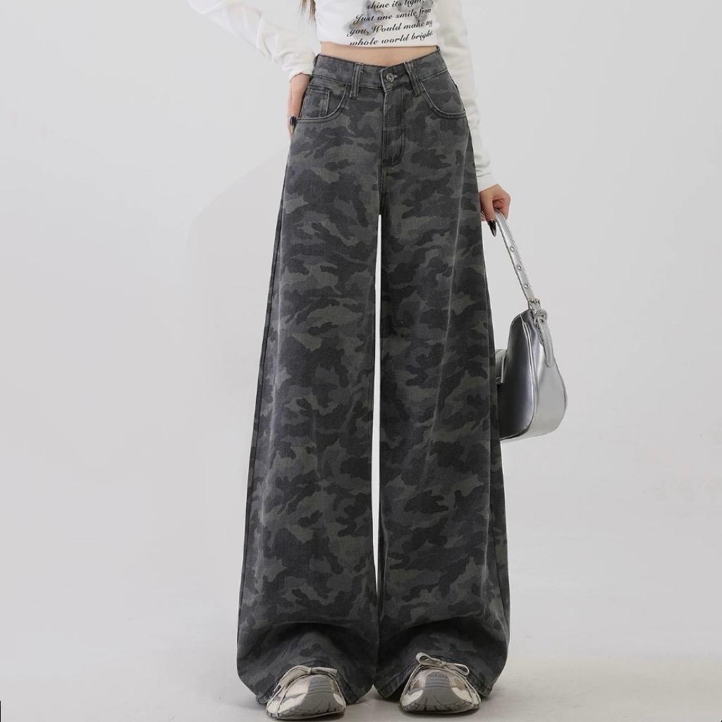 (XS-6XL) jinjeans กางเกงผ้ายีนส์ผสมคอตตอนใส่สบายมาก ผ้าเบาๆ บาง ขากระบอกใหญ่ขาบาน ลายพราง (614)