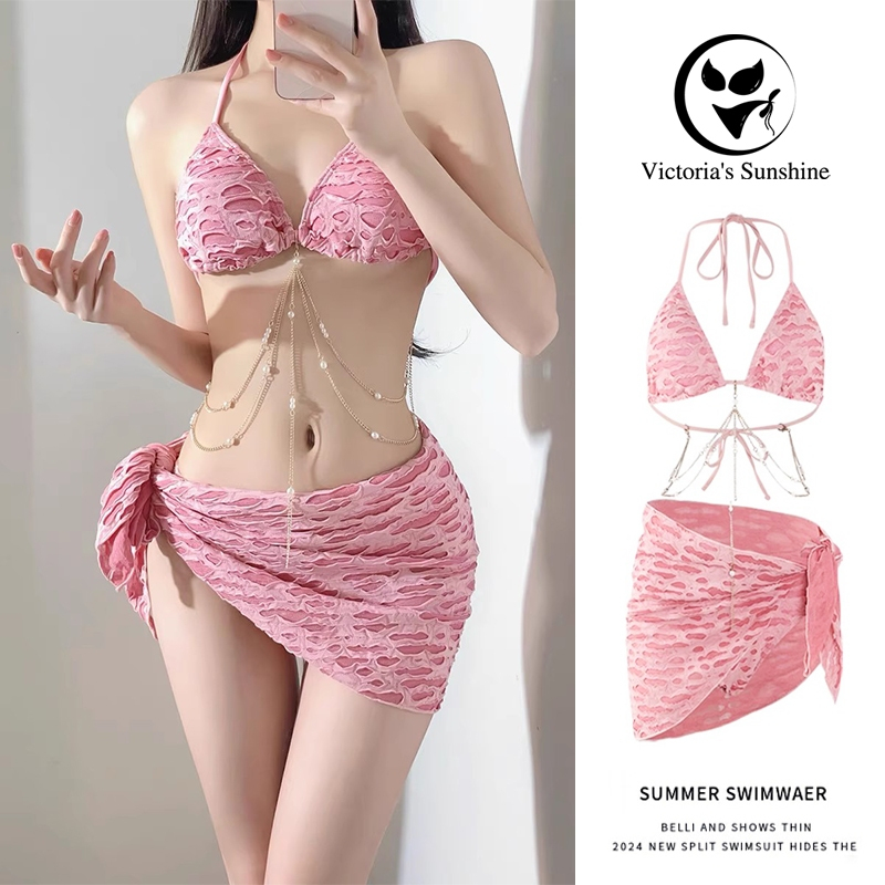 ส่งไวจากไทย ชุดว่ายน้ำ bikini pink sexy ชุดบิกินี่ 3ชิ้น ชายหาด#0364