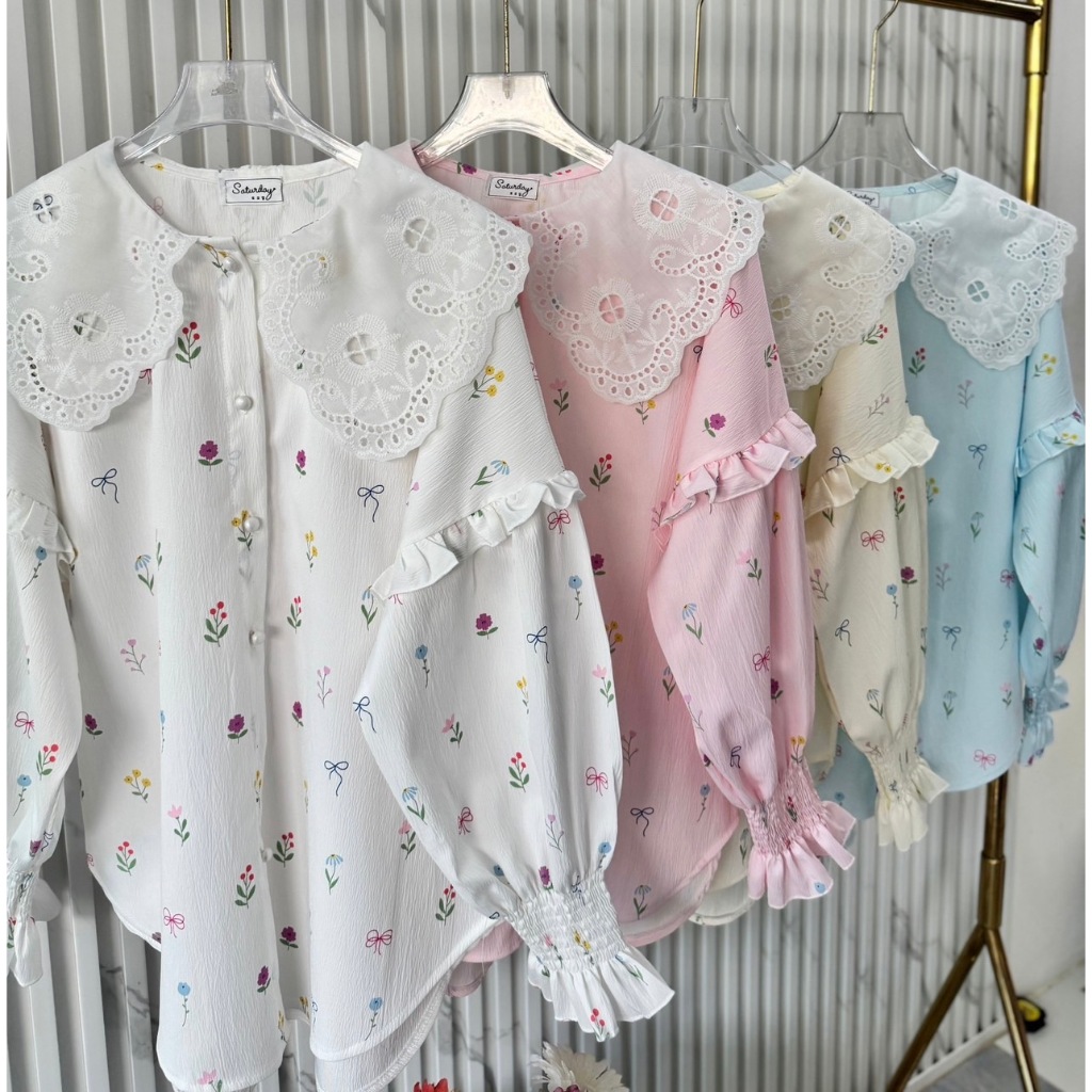 ป้าย Saturday เสื้อเชิ้ตผ้าครัชพิมพ์ลายแต่งปกลูกไม้ อก 42 นิ้ว