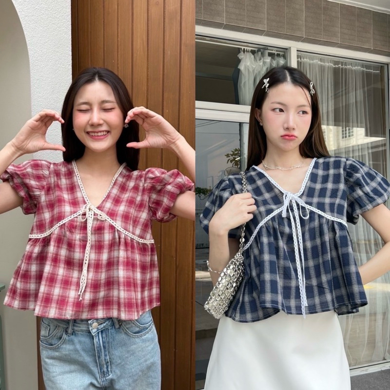 เสื้อแขนบอลลูนผ้าใส่สบาย แต่งกุ้นตัดตัวเสื้อ ผูกโบน่ารักๆ ผ้าคอตตอนปักอย่างดี