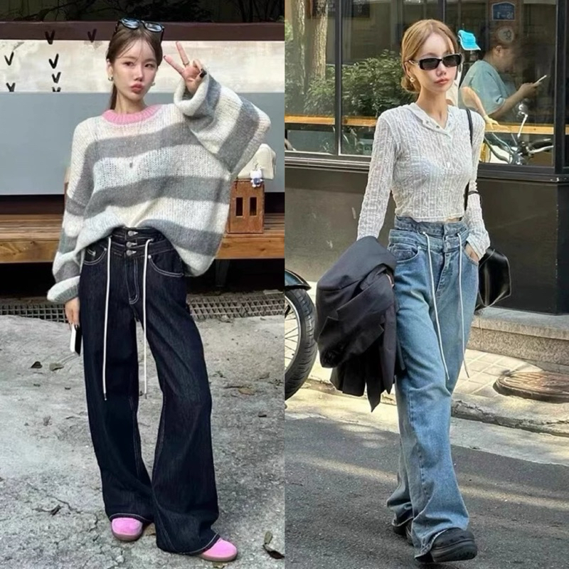 กางเกงยีนส์ ดีเทลกระดุม 3 เม็ด ใช้งานได้จริง มีเชือกรูดเอว ผ้ายีนส์พรีเมี่ยม ป้ายFSY