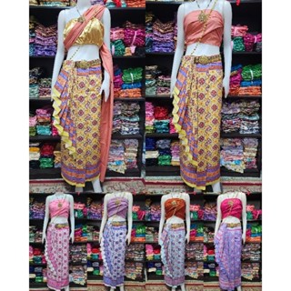 ชุดไทยหางไหลพิมลายดอกไม้(เกาะอกพันเอง)(ได้หน้านาง+เกาะอกยางย…