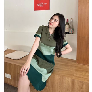 Dzaishop💕เดรสไหมพรม ทรงคอโปโล✨ทอลายหยักคลื่นสลับสีพาสเทล ตัวเดียวสวยจบ