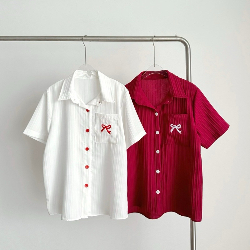 F100 เสื้อเชิ้ต ปักโบว์ ผ้าเปลือกไม้