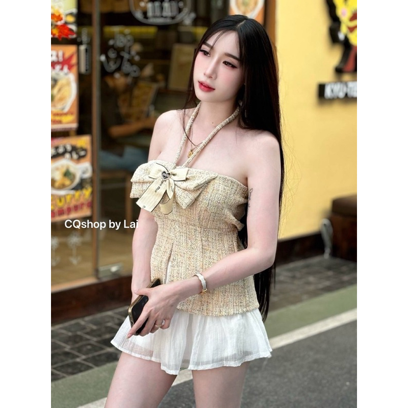 Ontop Set 2ชิ้น กระโปรงผ้าแก้วเนื้อลื่น ใส่สบายสบาย เสื้อผ้าทอผ่าหน้า แต่งโบว์คล้องคอสุดน่ารักโซคิวท์สุดปัง