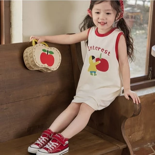 Babyonline(Y423)E6 (ส่งด่วน1วัน)ชุดกระโปรงเสื้อแขนกุดลายการ์ตูน ชุดกระโปรงสายเดี่ยวพิมพ์ลายสก๊อต ผ้าฝ้าย นิ่ม ระบายอากาศ