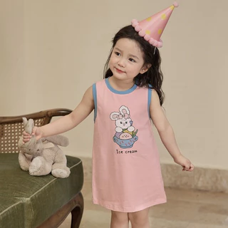 Babyonline(Y423)E6 (ส่งด่วน1วัน)ชุดกระโปรงเสื้อแขนกุดลายการ์ตูน ชุดกระโปรงสายเดี่ยวพิมพ์ลายสก๊อต ผ้าฝ้าย นิ่ม ระบายอากาศ