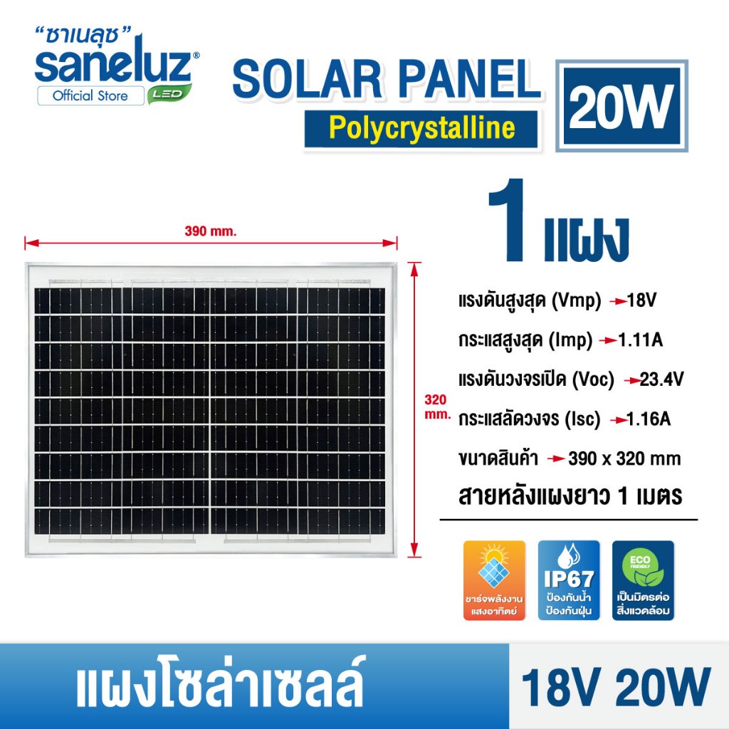 Saneluz [ 1 แผง ] แผงโซล่าเซลล์ 12V 20W 30W 50W - 18V 20W 30W 50W Polycrystalline พร้อมสายที่ความยาว 1 เมตร Solar Cell
