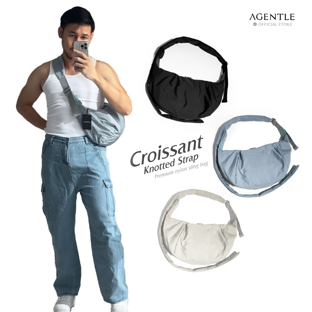 AGENTLE CROISSANT KNOTTED STRAP กระเป๋าผ้าสะพายข้างผู้ชาย สายยาวผูกปมปรับได้ Nylon-Premium 3 ชั้น