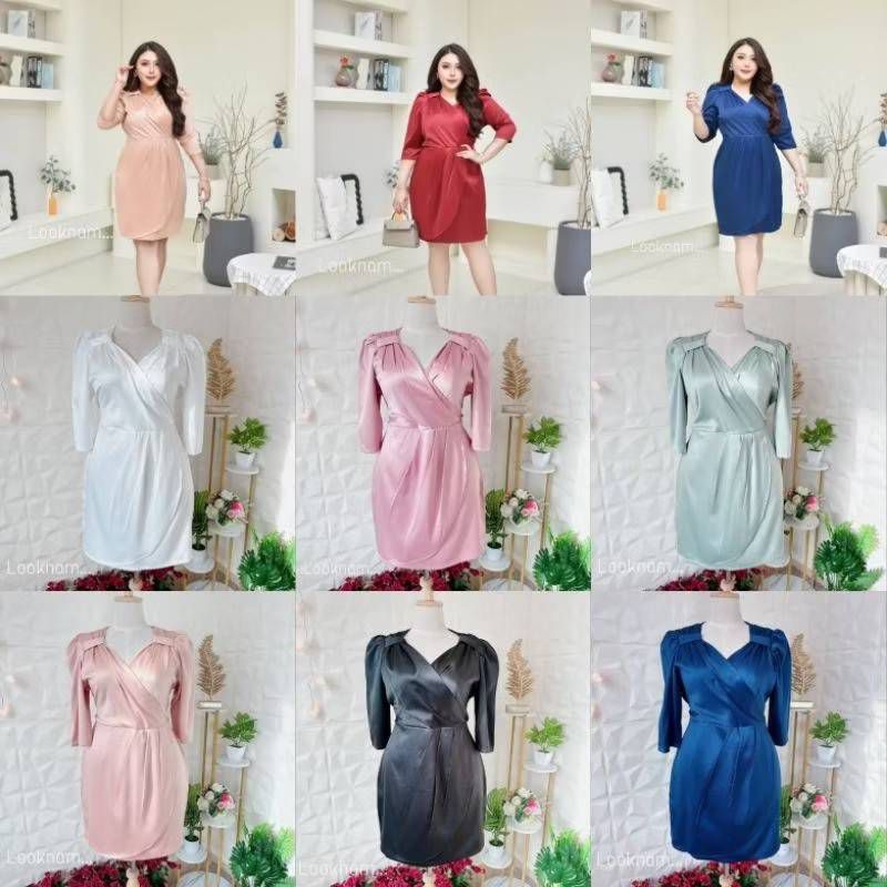 LT002เดรสคอวีไขว้อก โบว์ไหล่ แขนสามส่วน ต่อกระโปรงตีเกล็ดป้ายด้านหน้า ซิปหลัง