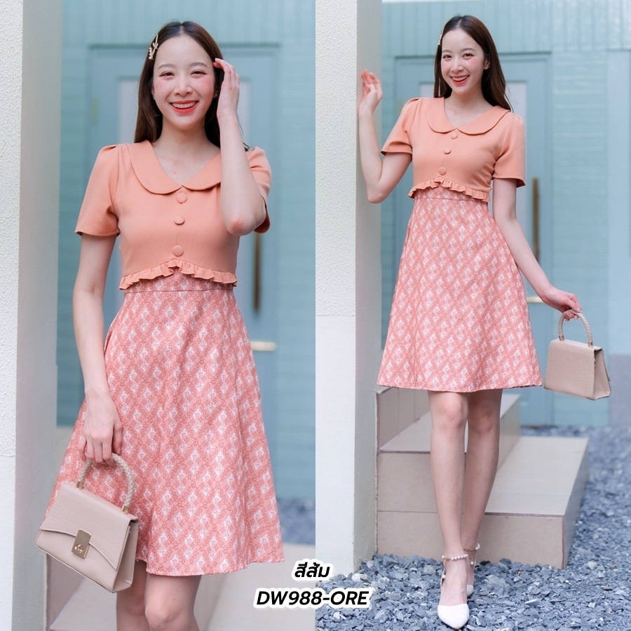 S-2XL | เดรสสั้นคอบัวแต่งระบายเอว กระโปรงทรงบานลายไทย สีส้ม D988