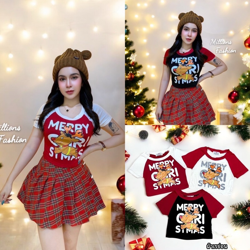 mnv_shop ครอปแขนสั้น สกรีนหน้า ต้อนรับคริสต์มาส น่ารักมากๆๆๆ (Pk)
