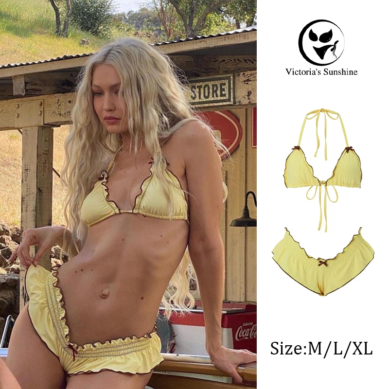 ชุดว่ายน้ำ เซ็กซี่ ทูพีช ชุดบิกินี่ yellow bikini ชายหาด โชว์หลัง#0486