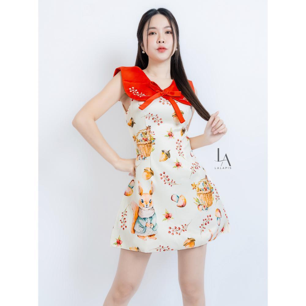 [LALAPIS] มินิเดรส ลายกระรอกเริงร่า ปกคอบัวปักผลเบอรฺรี่ สไตล์มินิมอล (LA222) Dress