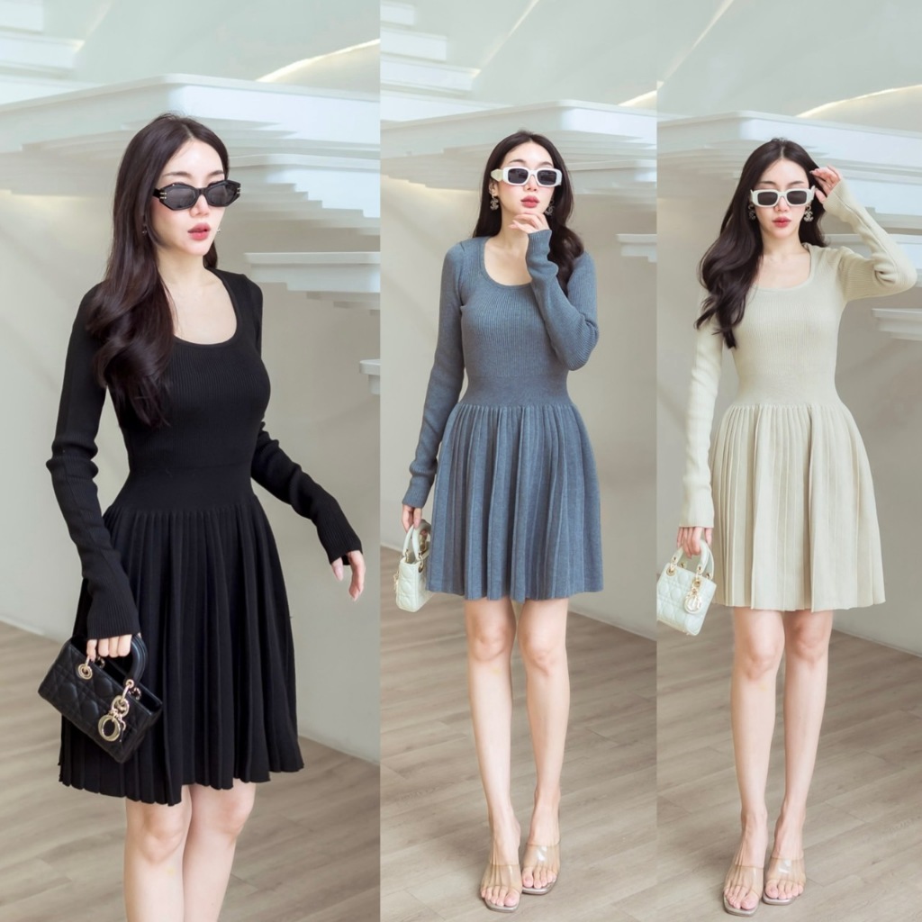 J1234 JiraClothing มินิเดรสไหมพรมแขนยาว ดีไซน์ระบายชาย