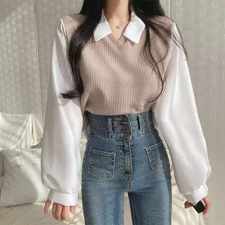 พร้อมส่งในไทย** เสื้อคอปกแขนยาวสีขาว ผ้าร่องผ้าทิ้งตัว สไตล์เกาหลี Y178