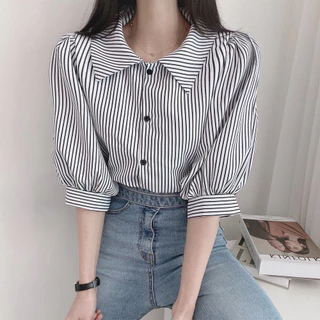 (ส่งจากกรุงเทพฯ)เสื้อฟ้าวันแม่ พร้อมส่งจากไทย เสื้อเชิ้ตลายทางแนวตั้งแบบคลาสสิก เสื้อทำงานผู้หญิง เชิ้ตแฟชั่นผู้หญิง
