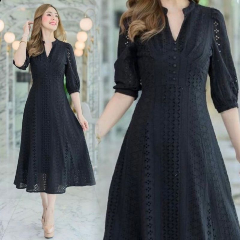 พร้อมส่งเดรสดำออกงาน!!! S-6XL Maxi Dress เดรสสีดำแขนศอกผ้าคอตตอนฉลุลาย งานป้าย Tarm Ha