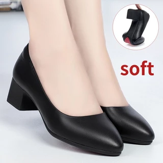 size 36-40 รองเท้าทำงานหนังนิ่มผู้หญิง ส้นกลาง สีดำ ส้นหนา 4cm ใส่ได้ทุกฤดู