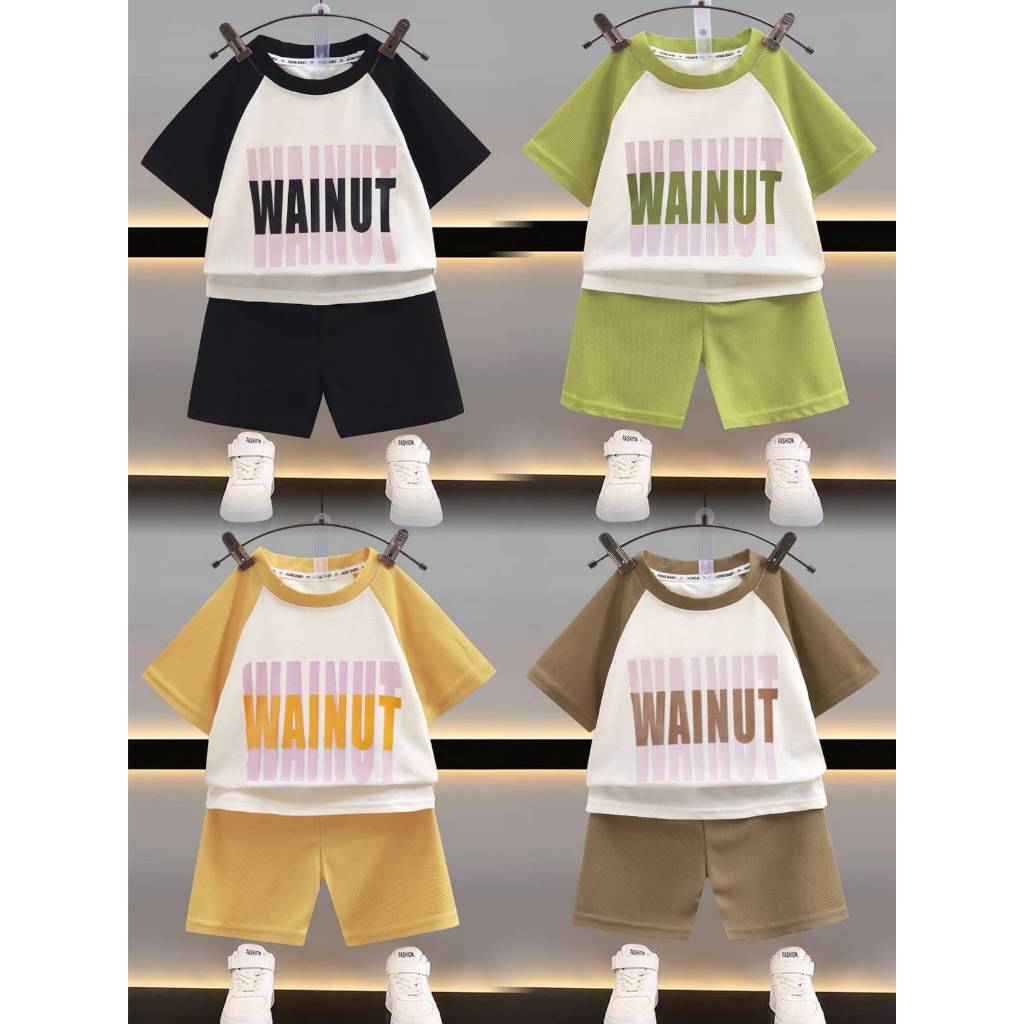ชุดเซตเด็กน่ารัก สีสันสดใส ใส่สบาย ผ้านุ่มไม่บาดผิว เนื้อผ้าวาฟเฟิล เสื้อแขนสั้น + กางเกงขาสั้น 80-120CM