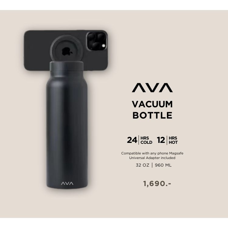 AVA VACUUM BOTTLE (BACK) ขวดน้ำเก็บความเย็น พกพาสะดวก มีแม่เหล็กสำหรับติดโทรศัพท์ เก็บความเย็นได้ 24 ชั่วโมง