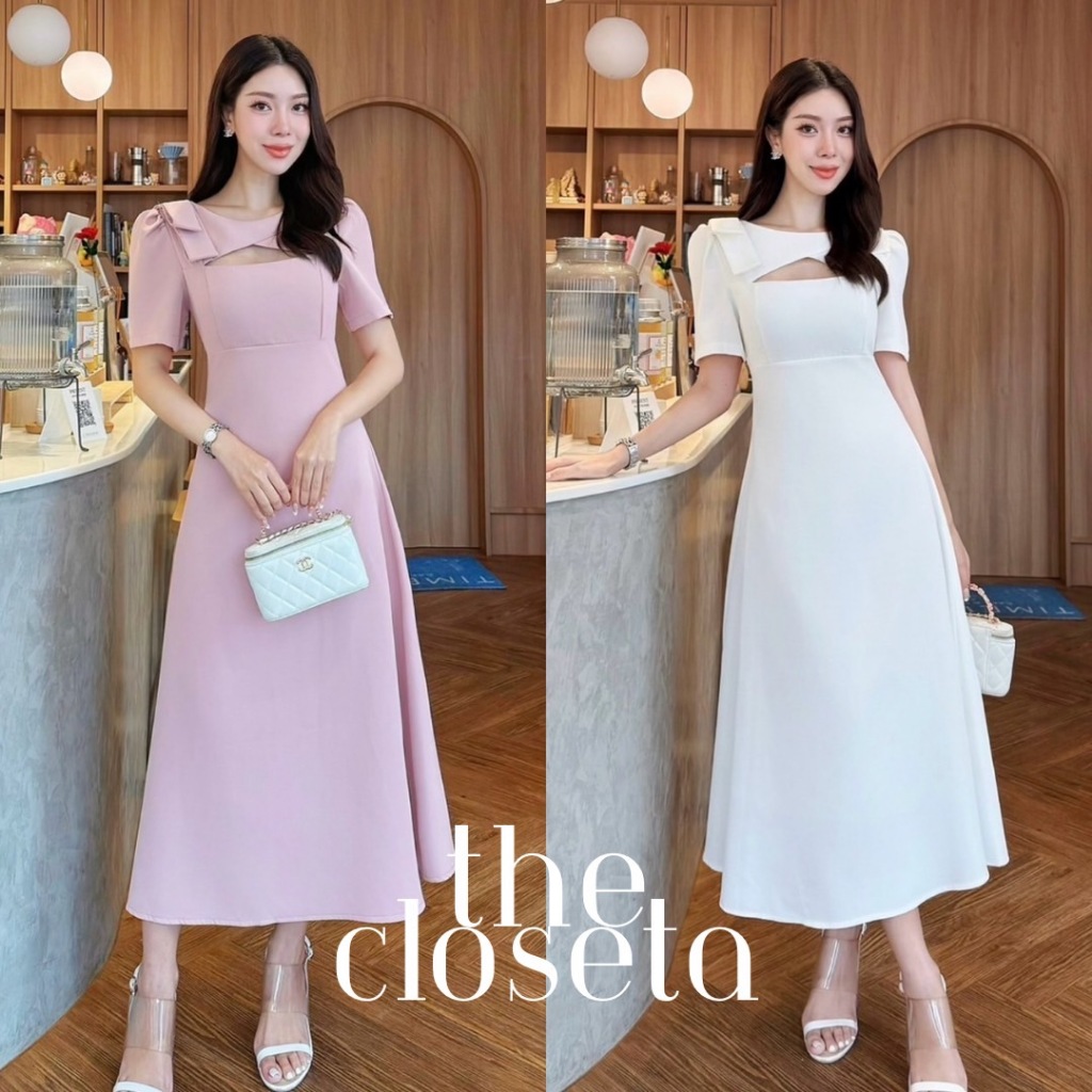 THE CLOSETA : LV157 ชุดเดรสแขนสั้นแต่งโบว์ช่วงไหล่ สวยหรูใส่ออกงาน