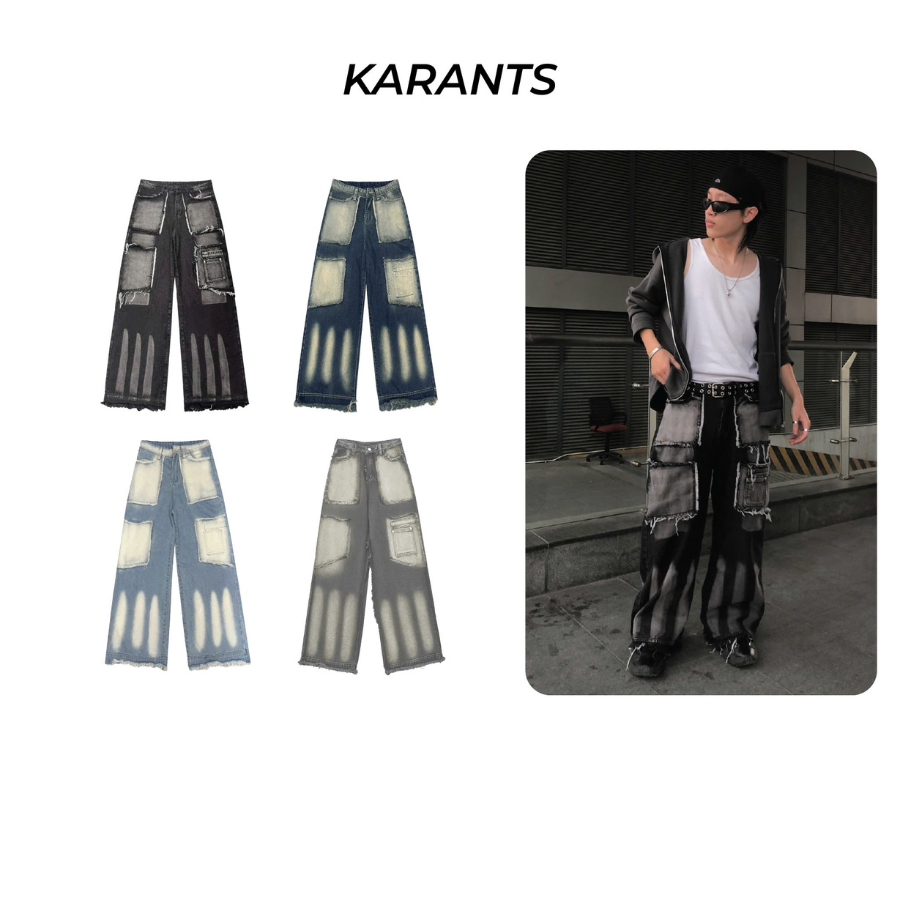 |เคลียร์สต็อก| Karants แบรนด์ระดับนานาชาติอินเทรนด์ กางเกงยีนส์ Bone Wash Retro ขากว้าง Streetwear - KQ83