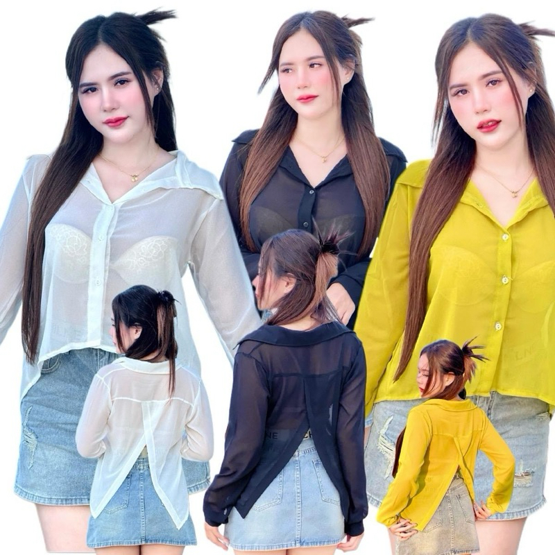 เสื้อเชิ้ต ผ่าหลัง ผ้าชีฟอง สไตล์สาวแซ่บ ใส่สบาย ผู้หญิง Clothing