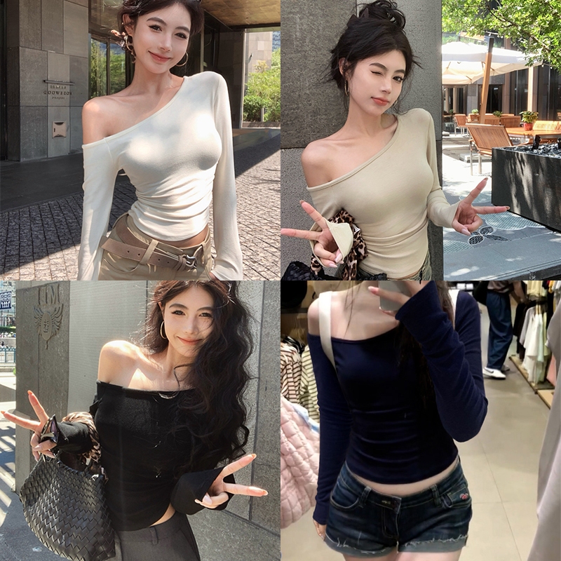Rita พร้อมส่ง🍒เสื้อยืดแขนยาวผู้หญิง💓crop topสีพื้น ทรงเข้ารูปY2K เสื้อไหล่เดียวเซ็กซี่ เสื้อรัดรูปเปิดไหล่สไตล์เกาหลี