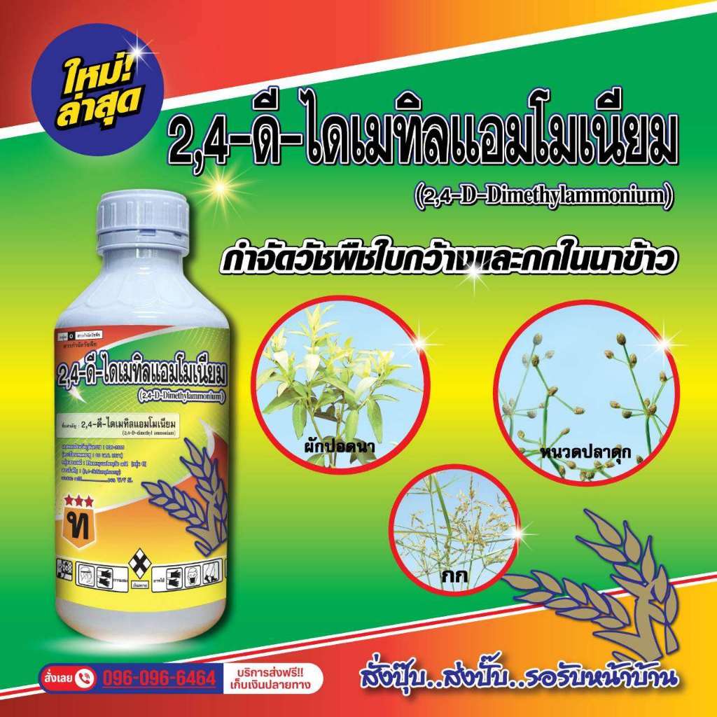 ยาเก็บหนวดปลาดุก 2,4ดี-ไดเมทิลแอมโมเนียม กำจัดหญ้าใบกว้าง กก หนวดปลาดุก ผักปอดนา 1 ลิตร