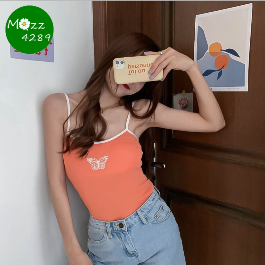 MQzz4289 *พร้อมส่ง* เสื้อสายเดี่ยวน่ารัก พิมพ์ลายผีเสื้อ หลากสี แฟชั่นสาวญี่ปุ่นเกาหลี น่ารักกก Free Size