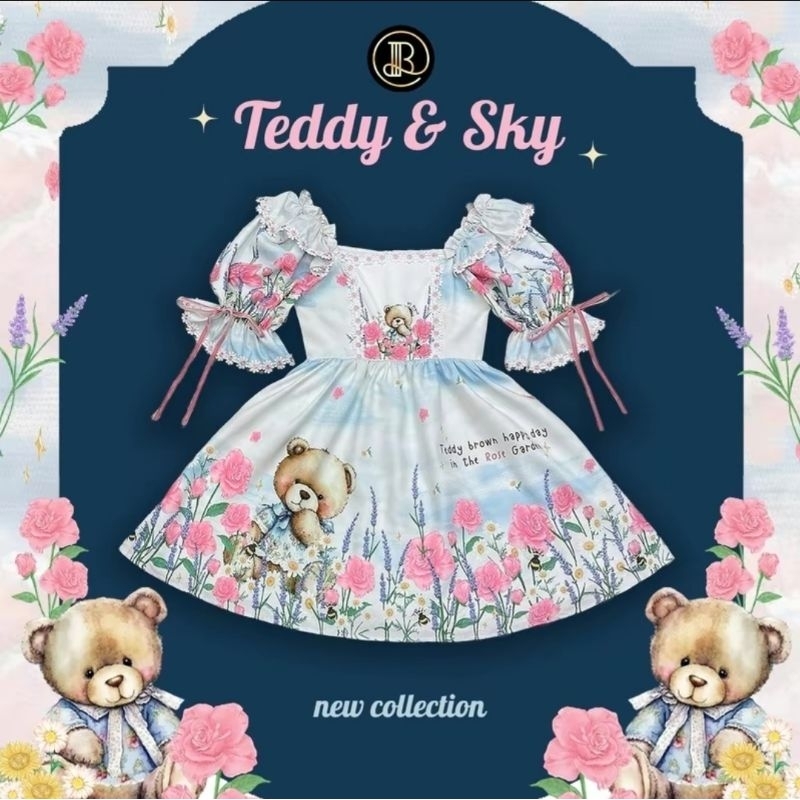 M มือ 1 BLT BRAND รุ่น Teddy & Sky เดรสสั้น ทรงปล่อย สีฟ้า สีขาว ลายหมีสุดคิ้วท์