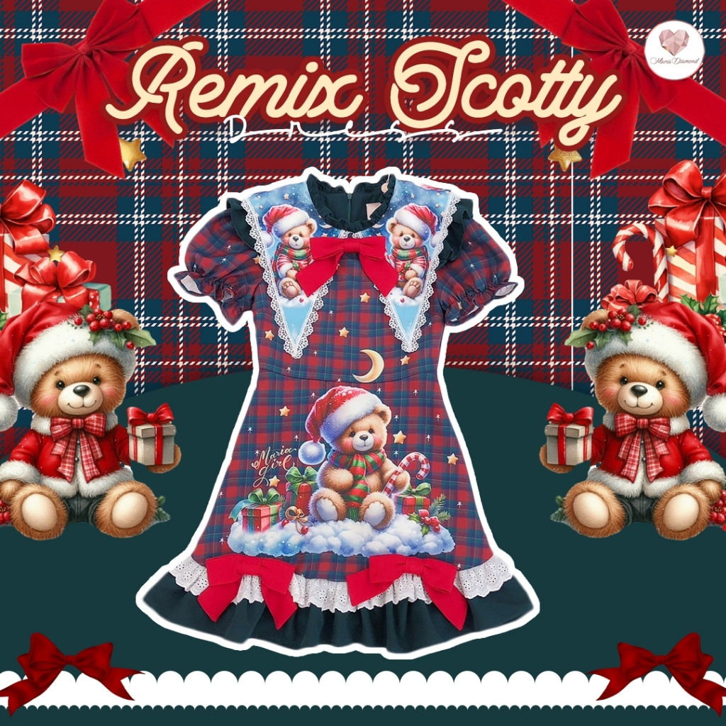 เผื่อ 1 ไซส์ (มี3XL) Remix Scotty Dress เดรสสั้นผ้าเปเป้พิมพ์ลาย ปกแหลมแต่งโบว์ แขนตุ๊กตาปลายสม็อค ซิปหลังมีซับใน