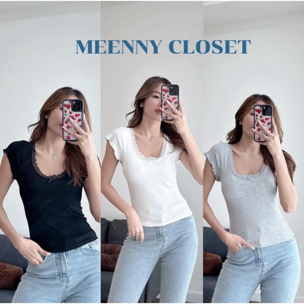 Meenny EE8 เสื้อยืดผ้านิ่มคอแต่งลูกไม้
