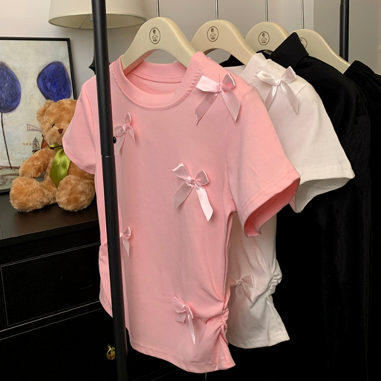 Beryl 🌻 เสื้อยืดคอกลมผูกโบว์สีขาวสำหรับผู้หญิง 🎀 เวอร์ชั่นเกาหลี น่ารัก ขี้เล่น แขนสั้น ลำลอง ผอมเพรียว เสื้อท่อนบน