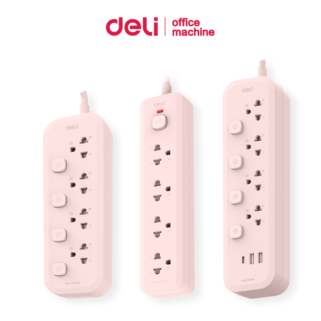 Deli ปลั๊กไฟ ปลั๊ก3ตา USB Type-C 10A 2300W ยาว3M มีมอก. สีพาสเทล รับประกัน1-3ปี Power Socket