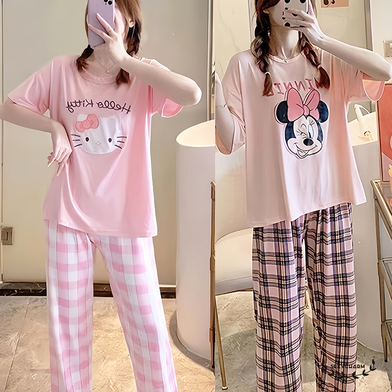Sexy Charm🐹🐹สไตล์เกาหลี ชุดนอนลายการ์ตูน แขนสั้น+กางเกงยาว ชุดนอนเซ็ท นุ่มสบาย ที่น่ารัก ส่งไวจากไทย