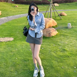 MKLเสื้อเชิ๊ตลายทาง เข้ารูปดึงเอว ปักลาย สไตล์อเมริกัน สำหรับผู้หญิง แฟชั่นฤดูใบไม้ผลิ #2325