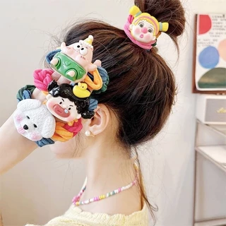 kingmall(KTF09）สีสันผ้าเตรียมแหวนผมหญิงความยืดหยุ่นสูงการ์ตูน ยางรัดผม เครื่องประดับผม