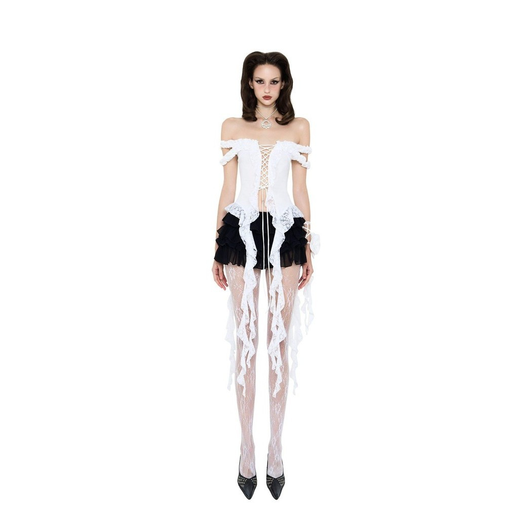 LSOUL Birdy Set เสื้อเปิดไหล่ผูกเชือก + กระโปรงสีดำจับจีบหลายชั้น (ขายแยก)
