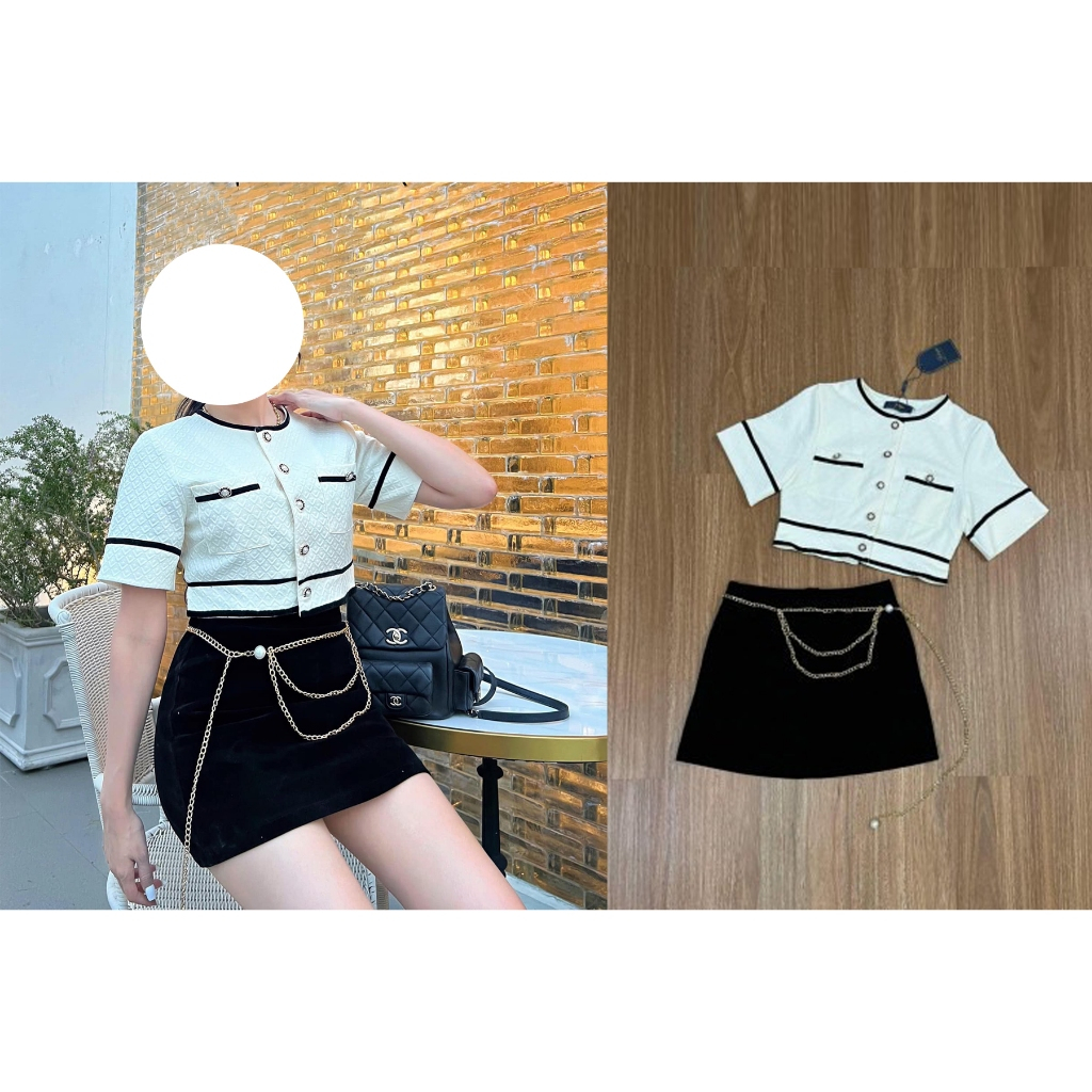 เซต เสื้อแขนสั้นขาว+กระโปรงสั้นกำมะหยี่ +เข็มขัด Jidapa style - Size S