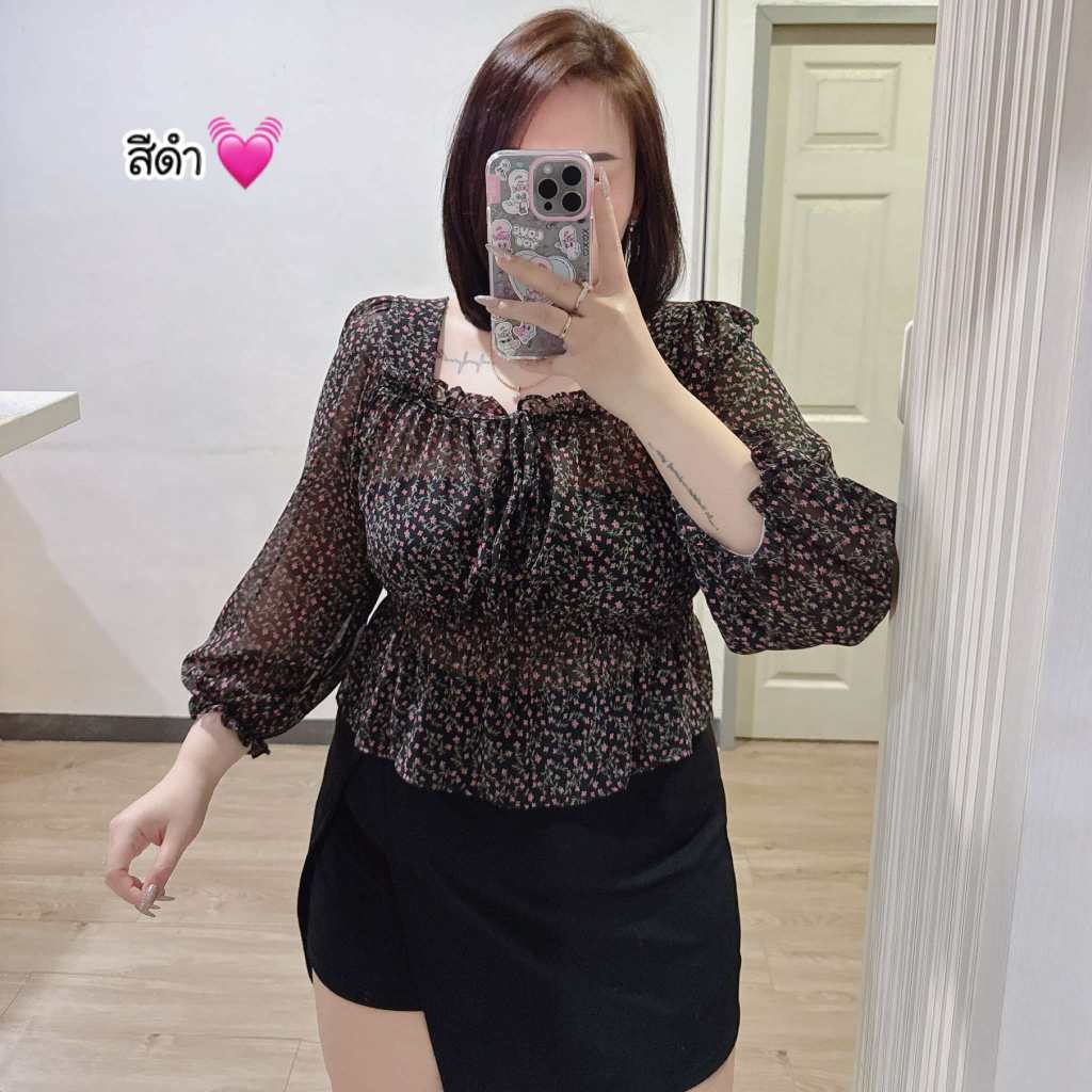 เสื้อแขนยาวตั้มเอวชีฟองลายดอกสาวอวบ อก38-48“ // รุ่น อ53