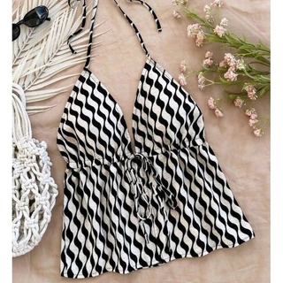 Crop TC2443 เสื้อคล้องคอ ผูกหน้า คอวี เปิดหลัง