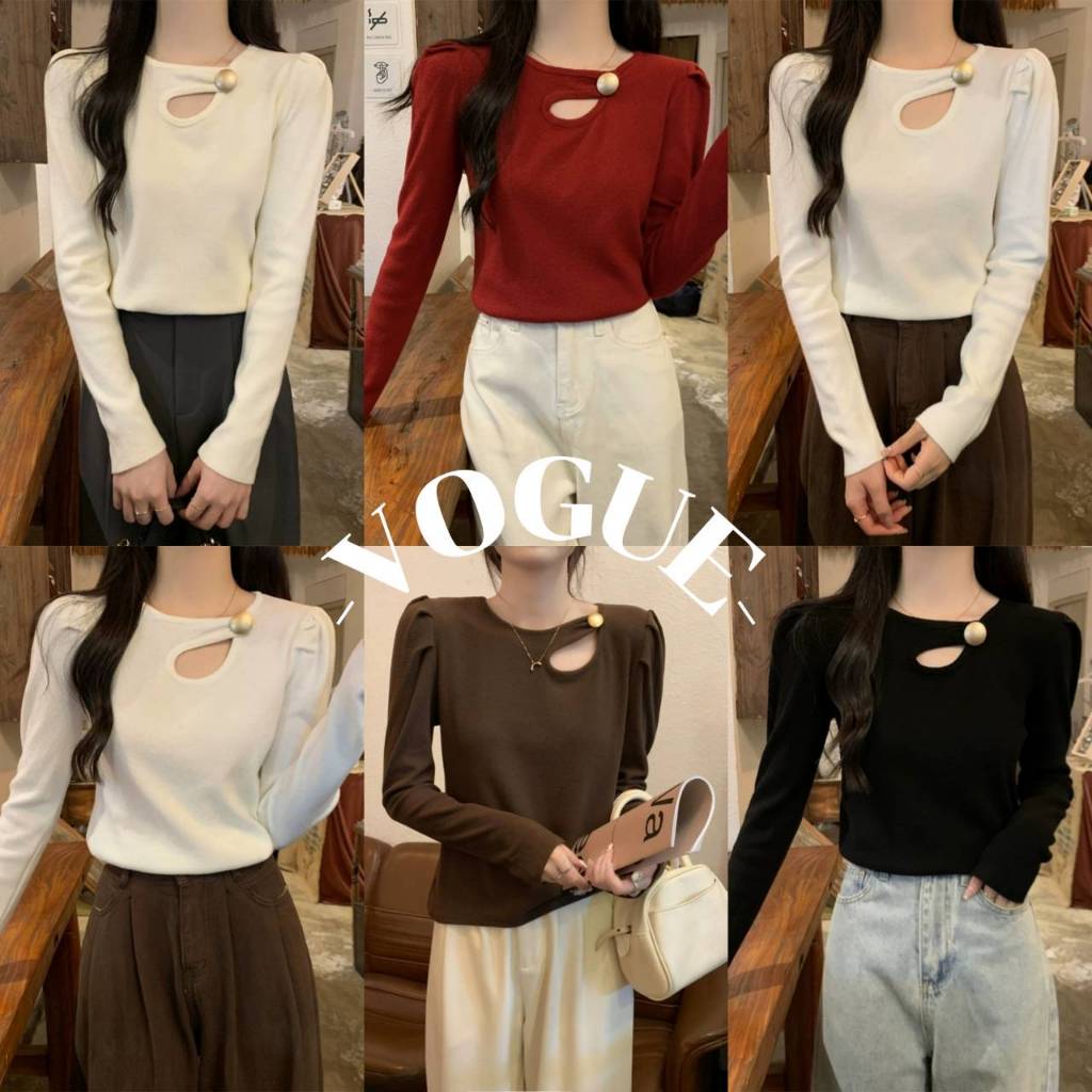 Vogue พร้อมส่ง แขนยาวเข้ารูปพอดีตัว เสื้อกลวง เสื้อไหมพรมแขนยาว แต่งกระดุม สไตล์เกาหลี (HT005)