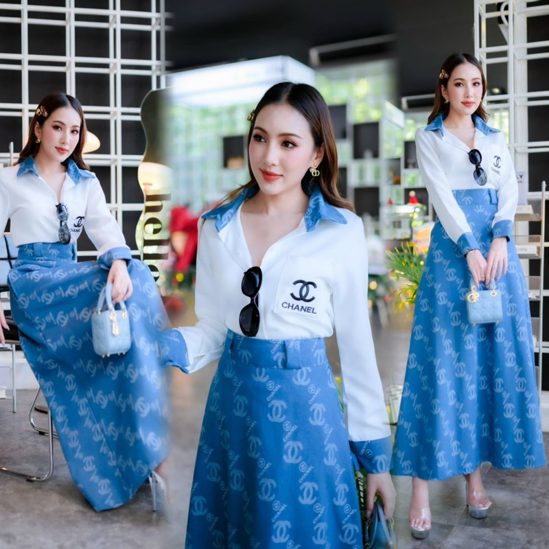 A385 งานป้าย PASSION เซตเสื้อเชิ้ต+กระโปรงยีนส์