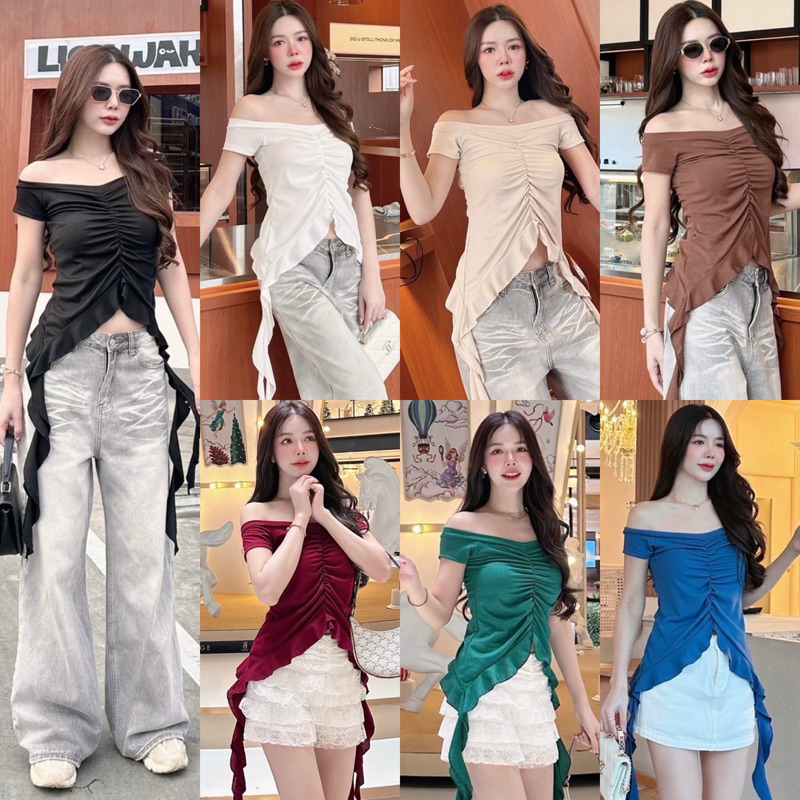 Ppickme•เสื้อทรงเปิดไหล่ปิดแขนระบายแมงกระพรุนใส่มาดูอำพลางหุ่น